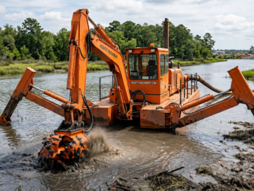 Amphibious dredge machine operating in shallow muddy water for wetland and waterway dredging