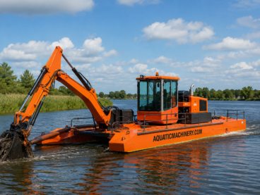 Orange dredging boat operating on a calm waterway for sediment removal and waterway maintenance
